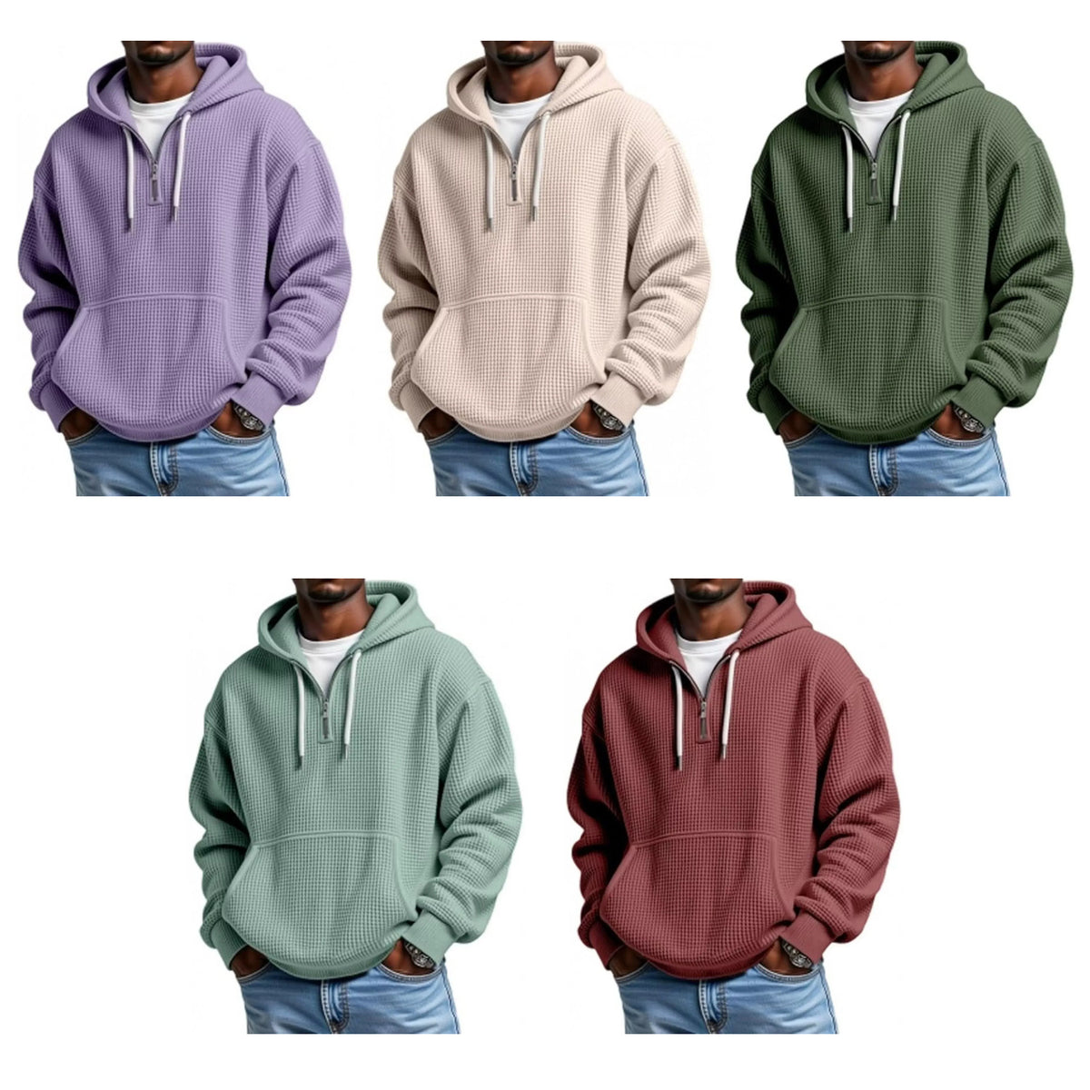 Men's Casual Textured Quarter Zip Hoodie with Kangaroo Pocket