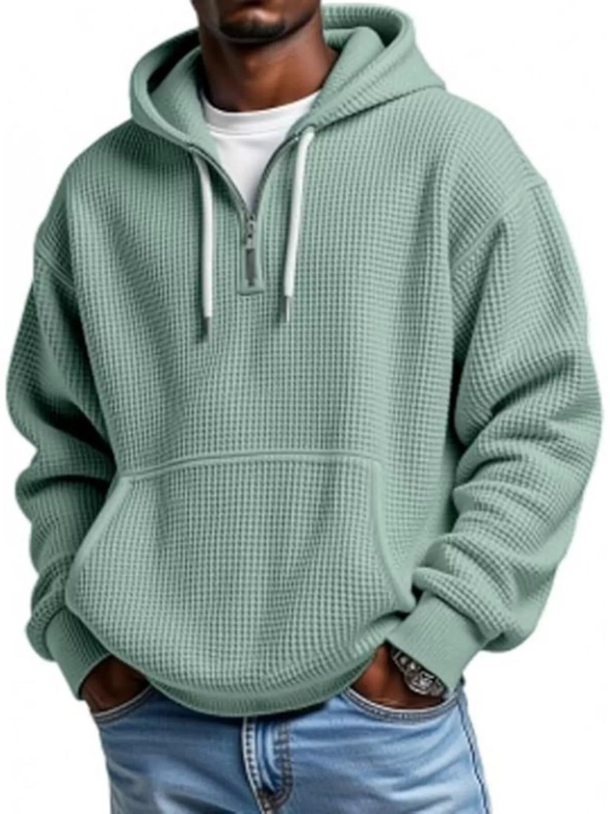 Men's Casual Textured Quarter Zip Hoodie with Kangaroo Pocket