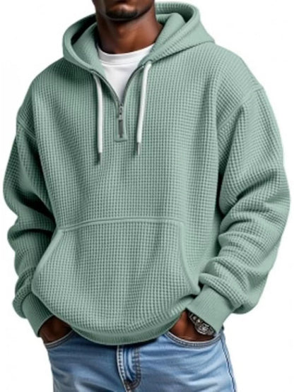 Men's Casual Textured Quarter Zip Hoodie with Kangaroo Pocket