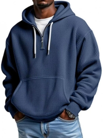 Men's Casual Textured Quarter Zip Hoodie with Kangaroo Pocket