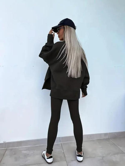 Women's Drop Shoulder Split Hem Sweatshirt & Pants Set