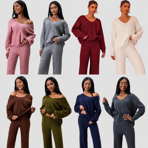 Two-piece Set Women's Solid Color Drop Shoulder Sweater & Pants