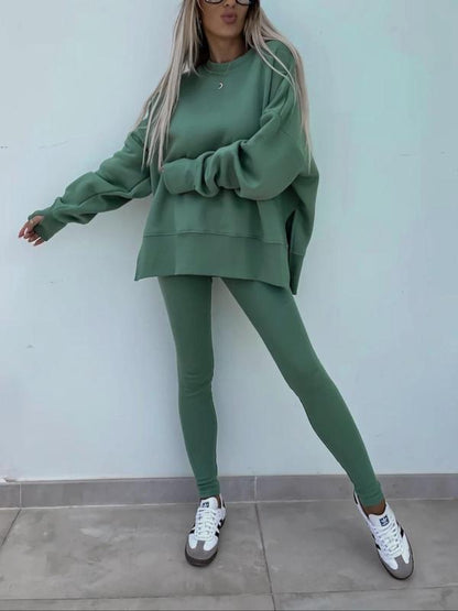 Women's Drop Shoulder Split Hem Sweatshirt & Pants Set