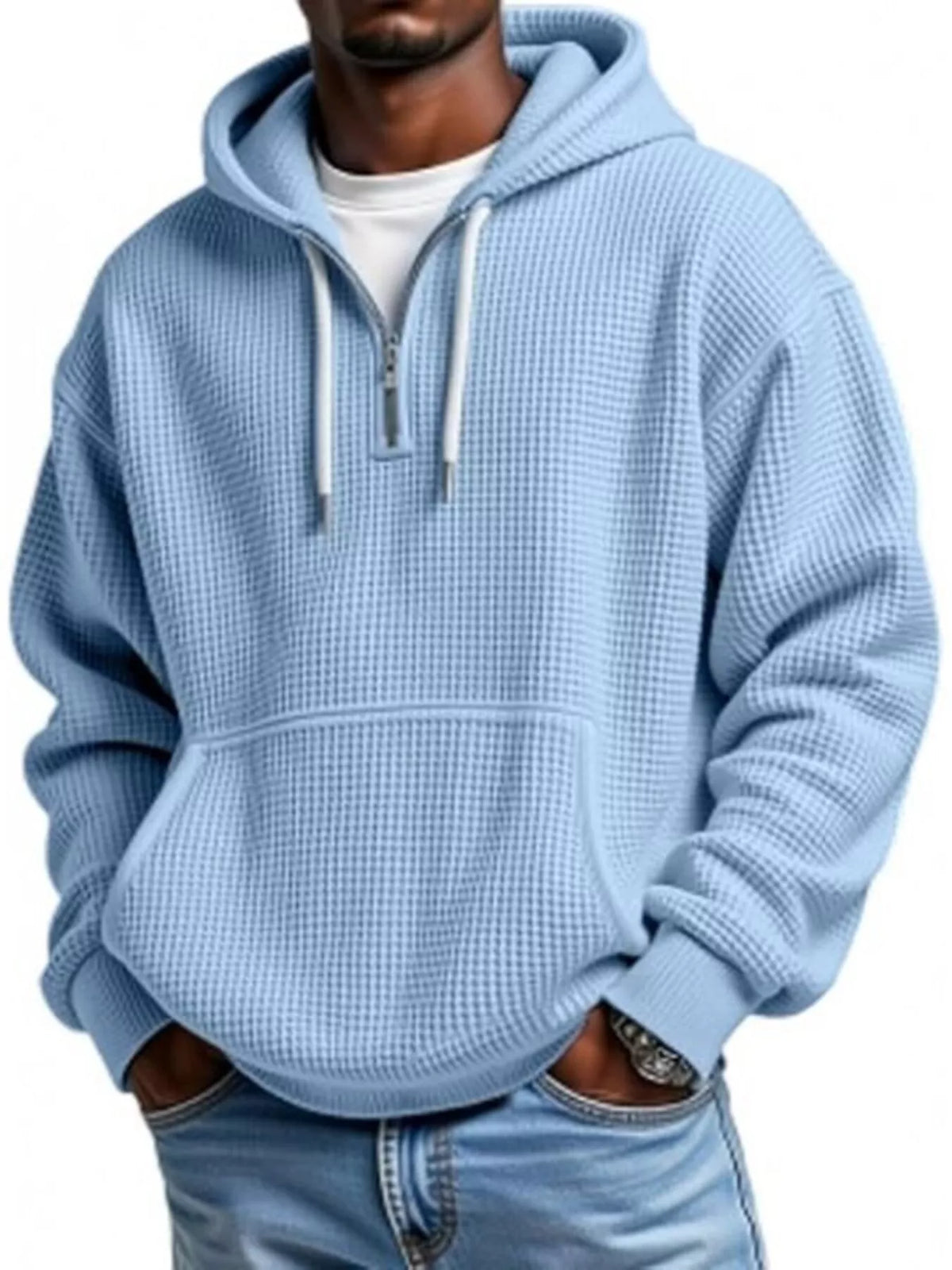 Men's Casual Textured Quarter Zip Hoodie with Kangaroo Pocket