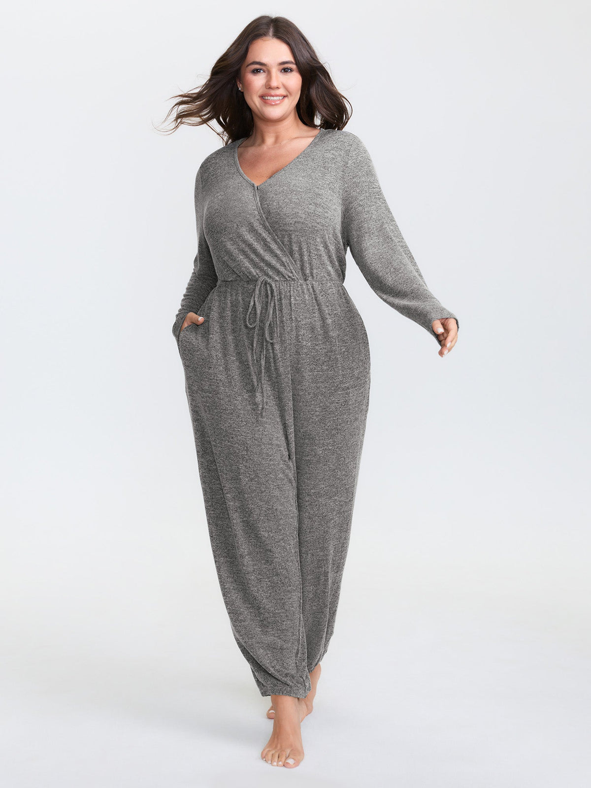 Elastic Waist Overlap Collar Lounge Jumpsuit