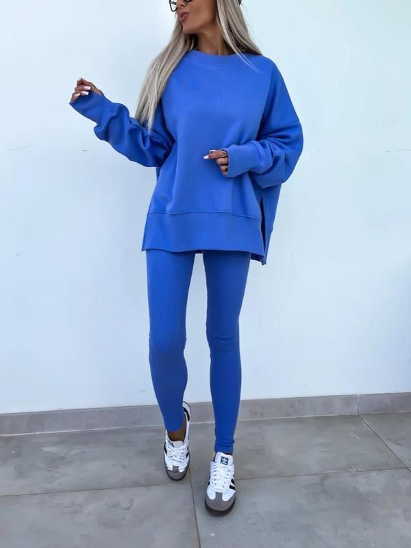 Women's Drop Shoulder Split Hem Sweatshirt & Pants Set