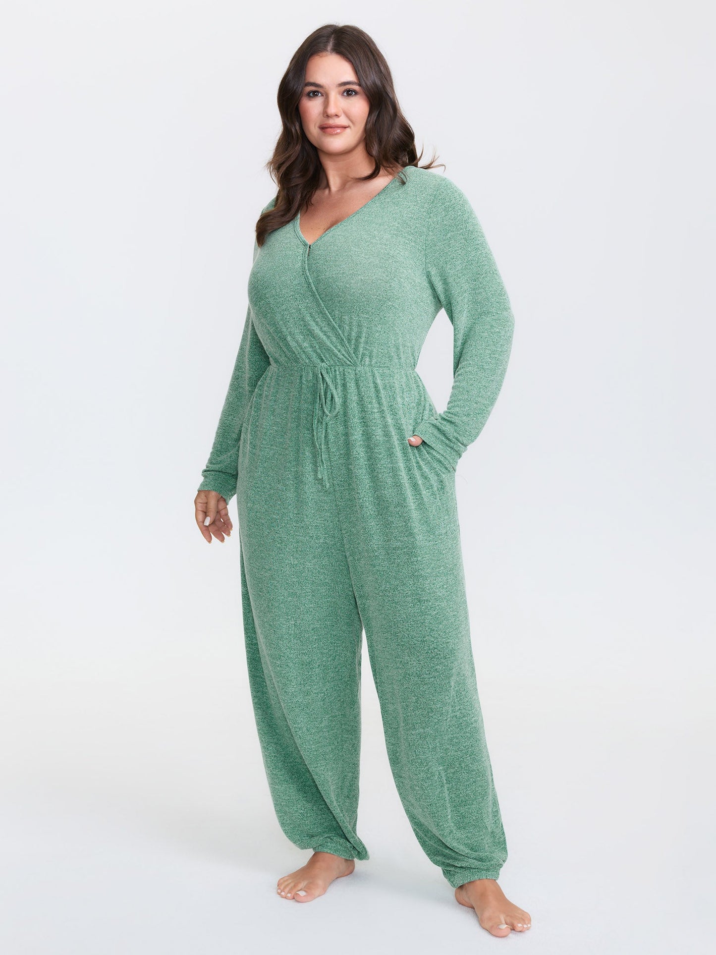 Elastic Waist Overlap Collar Lounge Jumpsuit