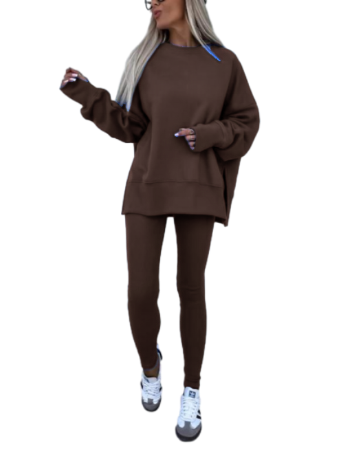 Women's Drop Shoulder Split Hem Sweatshirt & Pants Set