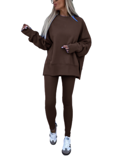 Women's Drop Shoulder Split Hem Sweatshirt & Pants Set
