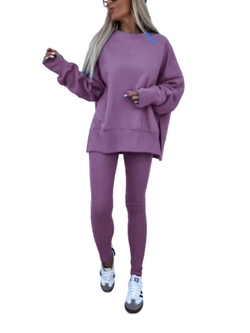 Women's Drop Shoulder Split Hem Sweatshirt & Pants Set