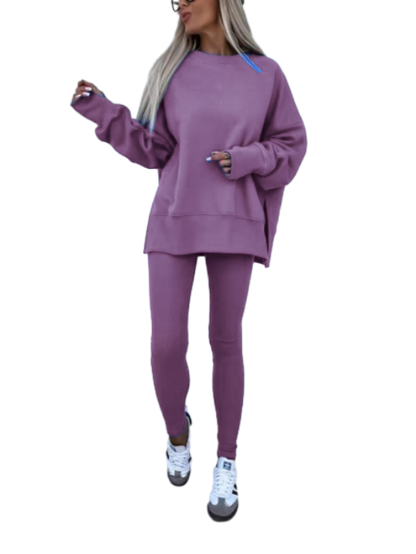 Women's Drop Shoulder Split Hem Sweatshirt & Pants Set