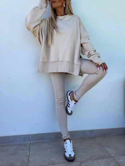 Women's Drop Shoulder Split Hem Sweatshirt & Pants Set