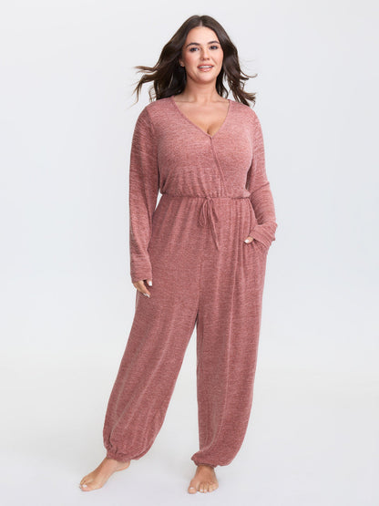 Elastic Waist Overlap Collar Lounge Jumpsuit