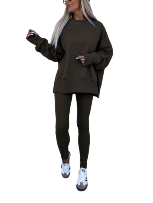 Women's Drop Shoulder Split Hem Sweatshirt & Pants Set