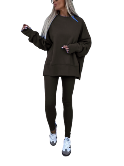 Women's Drop Shoulder Split Hem Sweatshirt & Pants Set