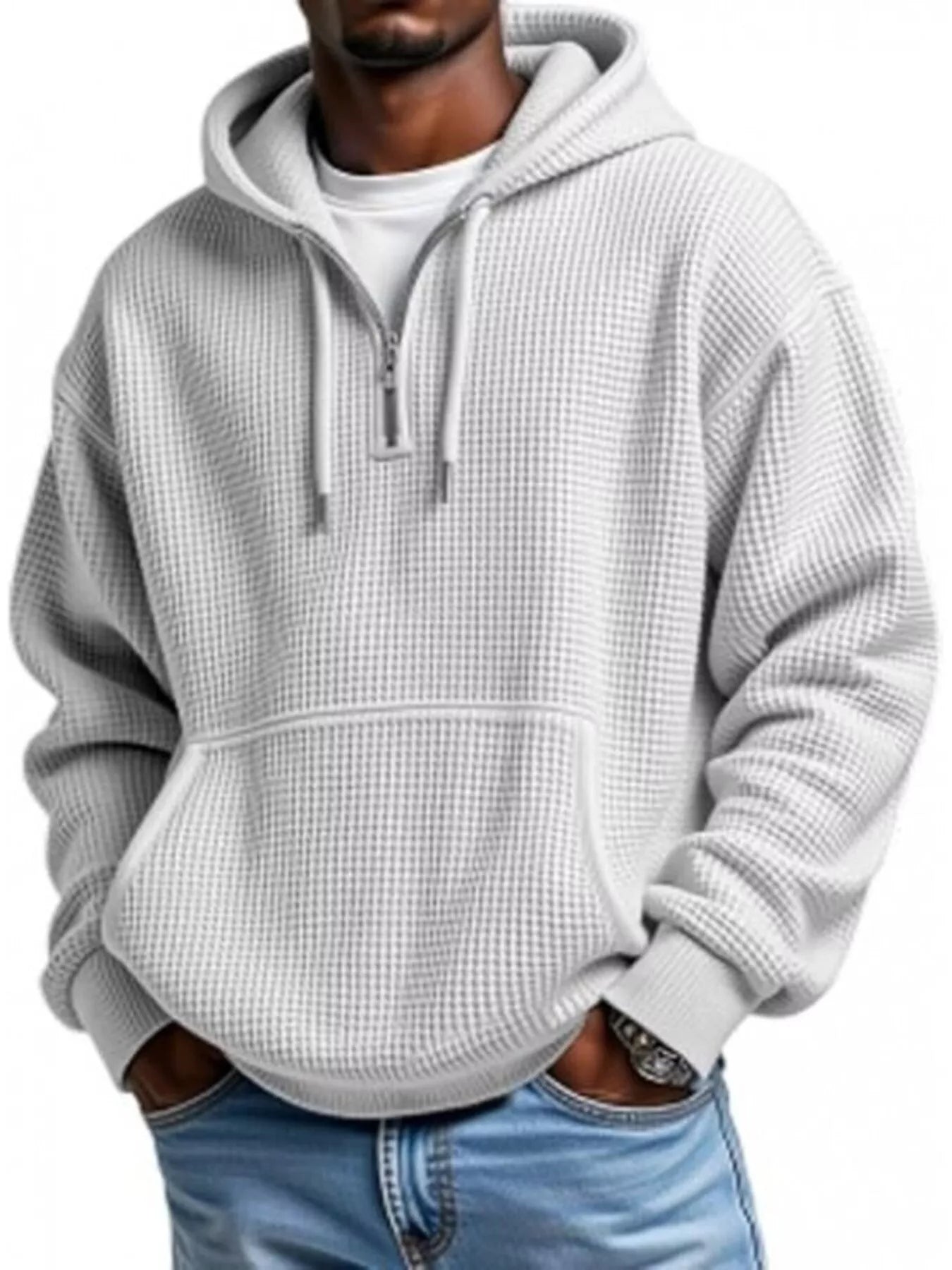 Men's Casual Textured Quarter Zip Hoodie with Kangaroo Pocket