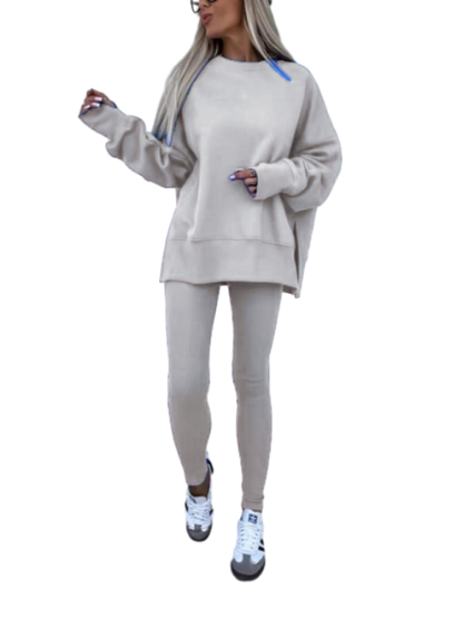 Women's Drop Shoulder Split Hem Sweatshirt & Pants Set