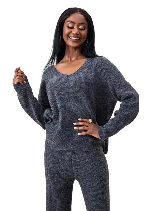 Two-piece Set Women's Solid Color Drop Shoulder Sweater & Pants