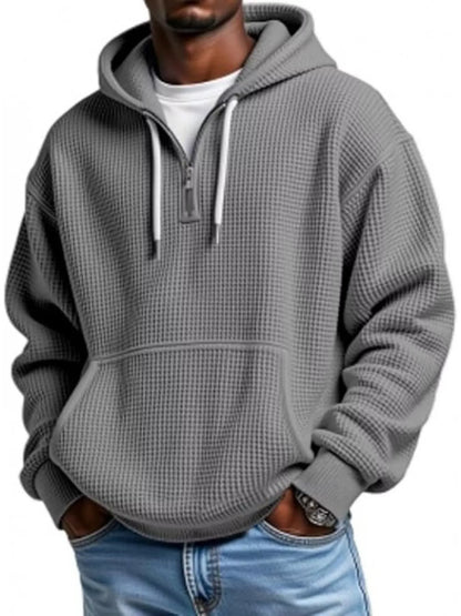 Men's Casual Textured Quarter Zip Hoodie with Kangaroo Pocket