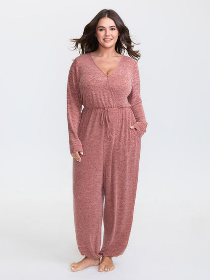 Elastic Waist Overlap Collar Lounge Jumpsuit