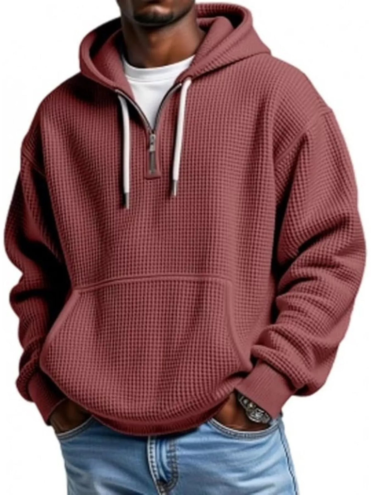 Men's Casual Textured Quarter Zip Hoodie with Kangaroo Pocket