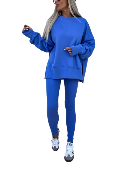 Women's Drop Shoulder Split Hem Sweatshirt & Pants Set