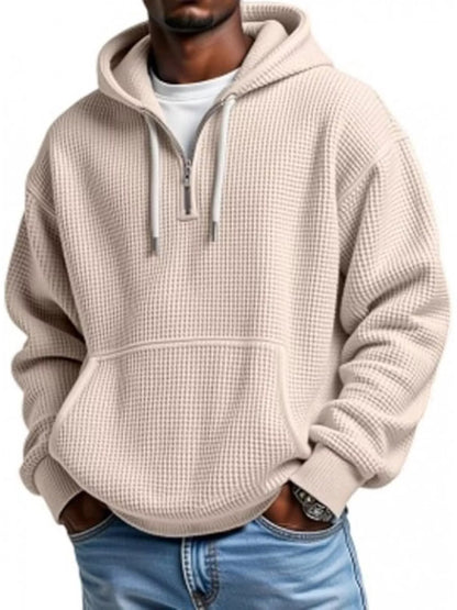 Men's Casual Textured Quarter Zip Hoodie with Kangaroo Pocket