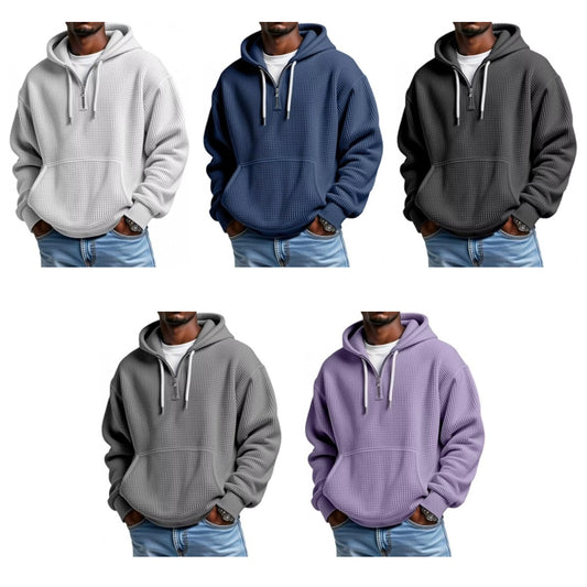 Men's Casual Textured Quarter Zip Hoodie with Kangaroo Pocket