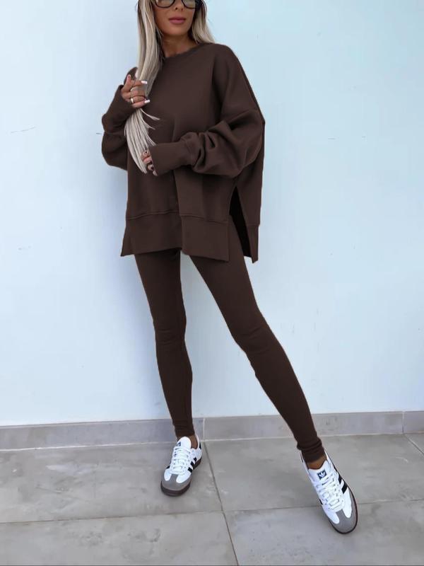 Women's Drop Shoulder Split Hem Sweatshirt & Pants Set