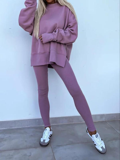 Women's Drop Shoulder Split Hem Sweatshirt & Pants Set