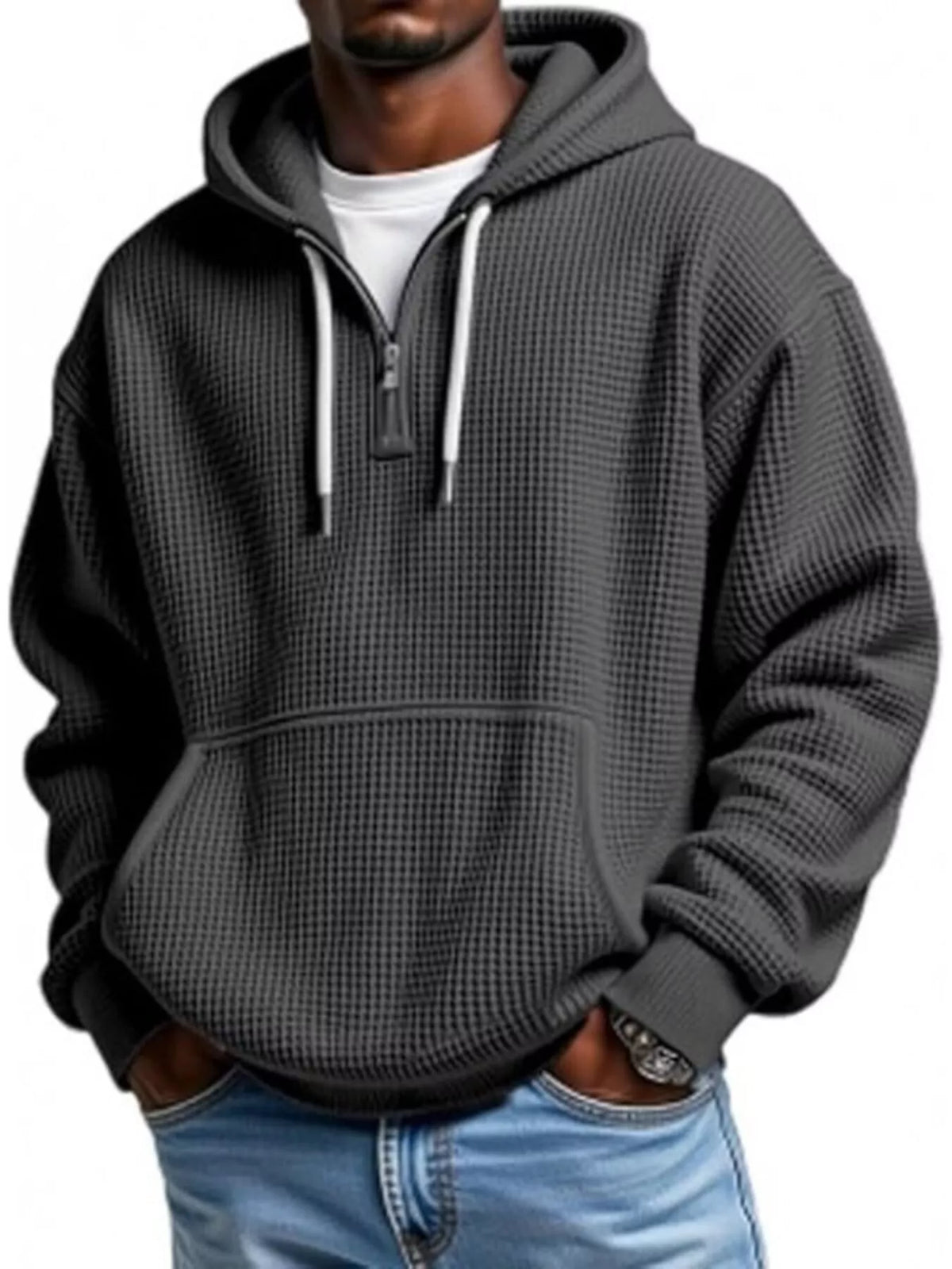 Men's Casual Textured Quarter Zip Hoodie with Kangaroo Pocket