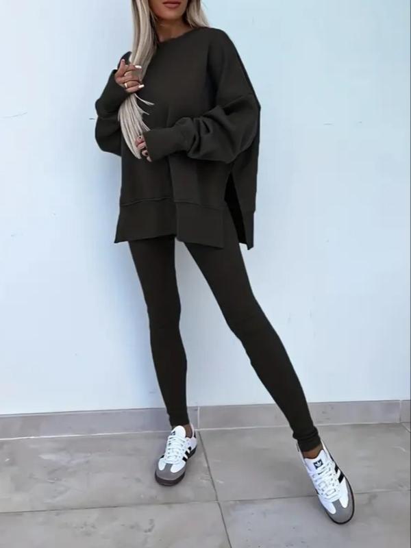 Women's Drop Shoulder Split Hem Sweatshirt & Pants Set