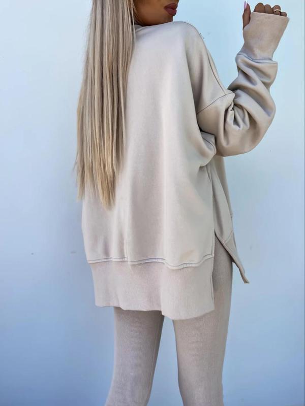 Women's Drop Shoulder Split Hem Sweatshirt & Pants Set