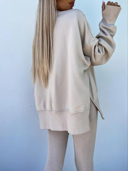 Women's Drop Shoulder Split Hem Sweatshirt & Pants Set
