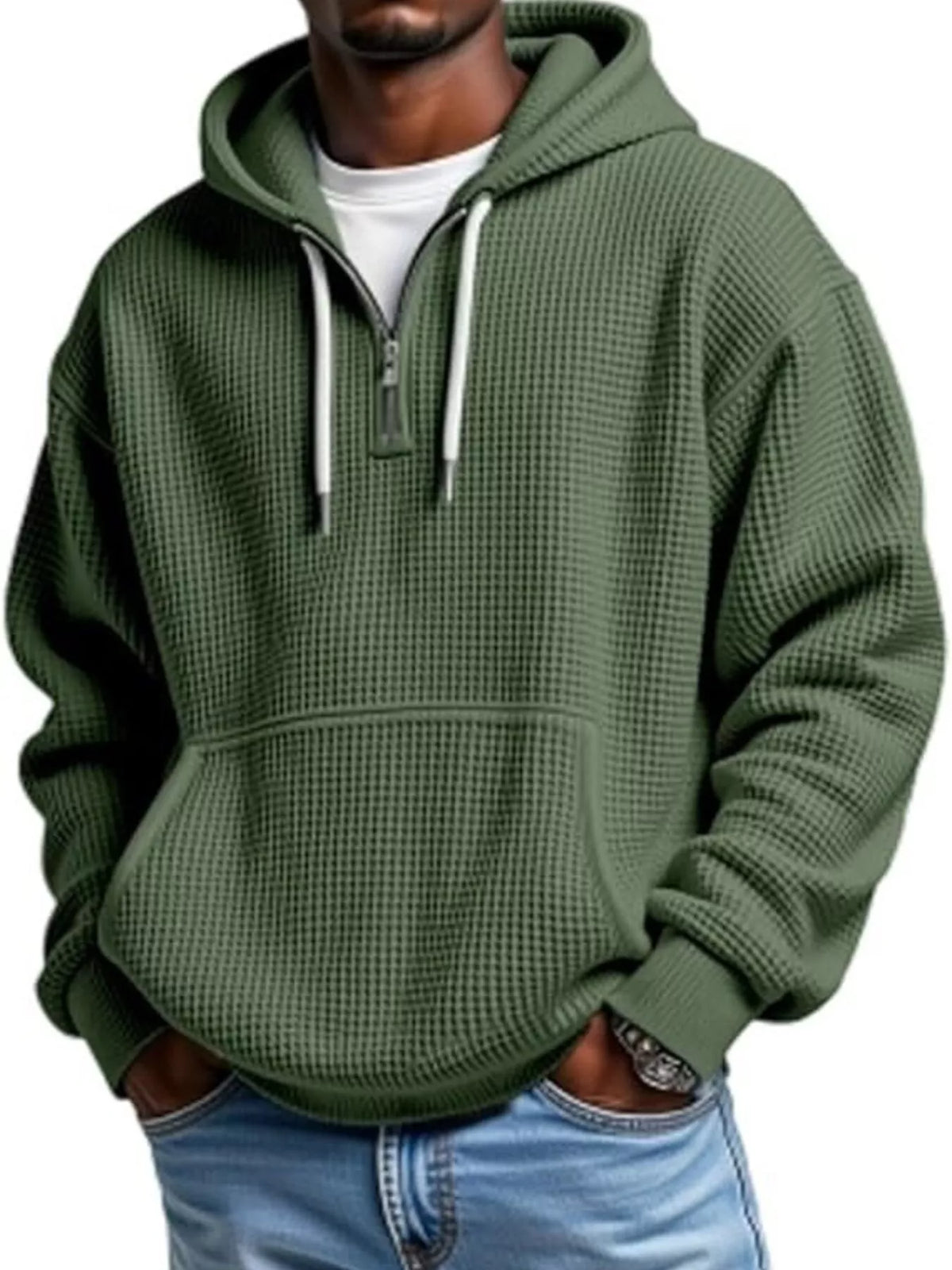 Men's Casual Textured Quarter Zip Hoodie with Kangaroo Pocket