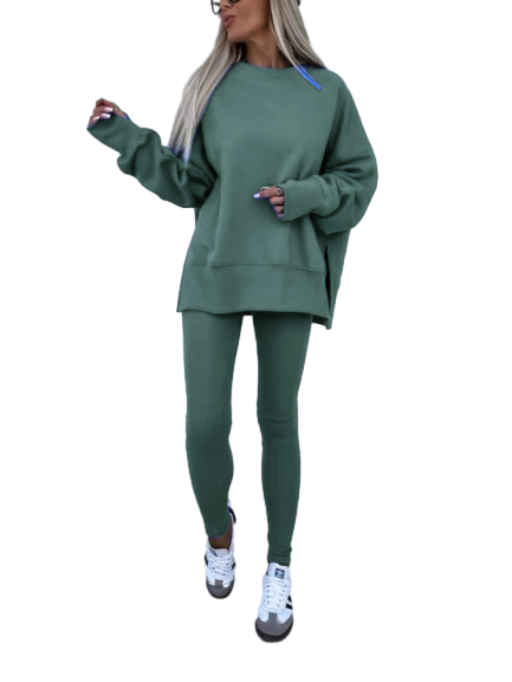 Women's Drop Shoulder Split Hem Sweatshirt & Pants Set