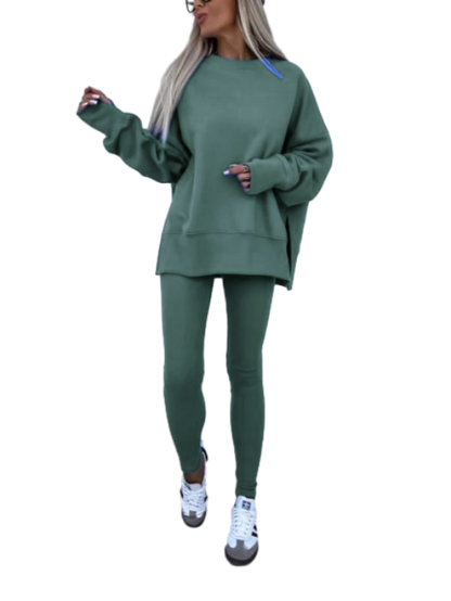 Women's Drop Shoulder Split Hem Sweatshirt & Pants Set